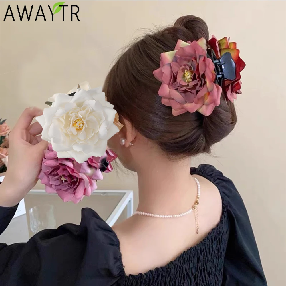 AWAYTR Mannual Rose Hair Claws Artificial Flowers Hair Clips Crab For Women Girl Gift Hair Accessories Valentine Headwear