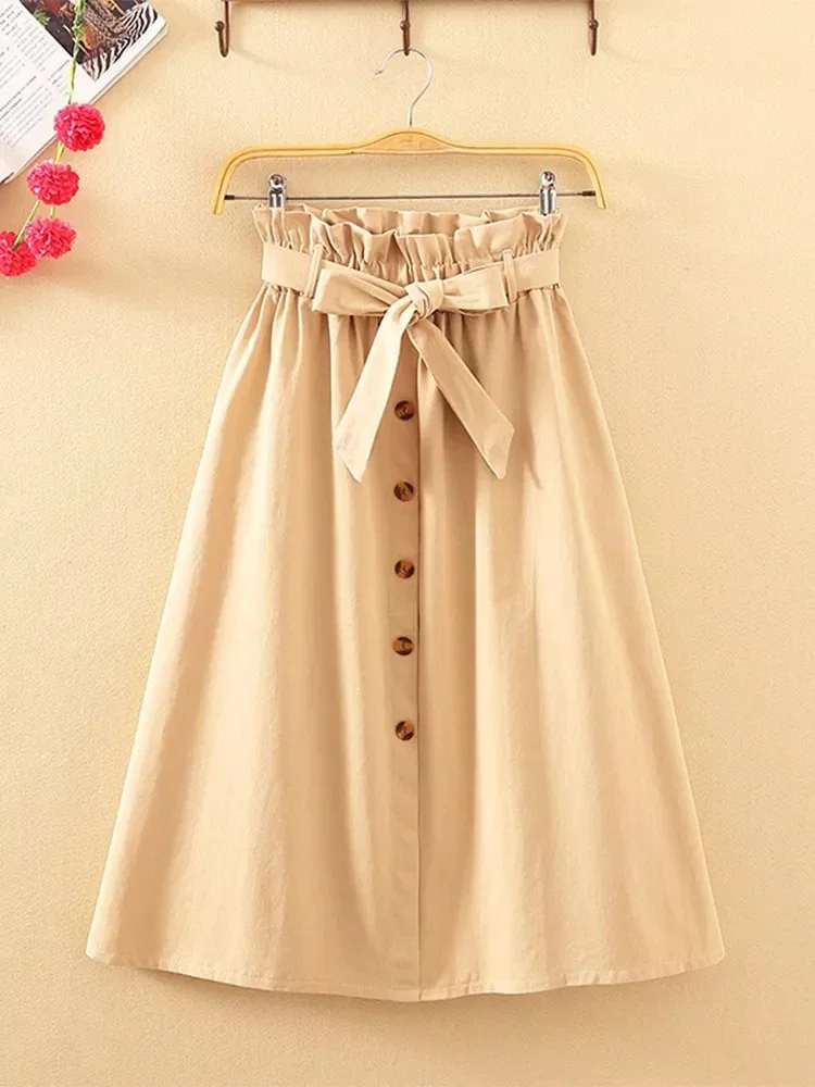 Summer Autumn Skirts Womens Midi Knee Length Korean Elegant Button High Waist Skirt Female Pleated School Skirt