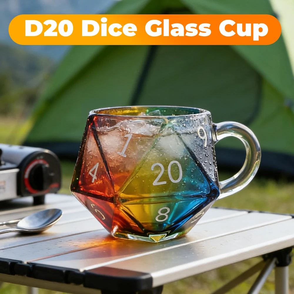 

Стеклянная кружка D20 для игр с кубиками, прозрачная стеклянная кружка с ручкой для игровых вечеров, для любителей настольных игр, кофейная кружка для игр с кубиками