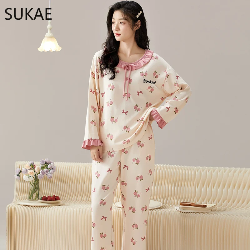 SUKAE Autumn Winter New Faux Cotton Sleepwear Leisure Lady Pijamas Long Sleeves Chic Homewear Cute Nightwear Women Pajamas Set