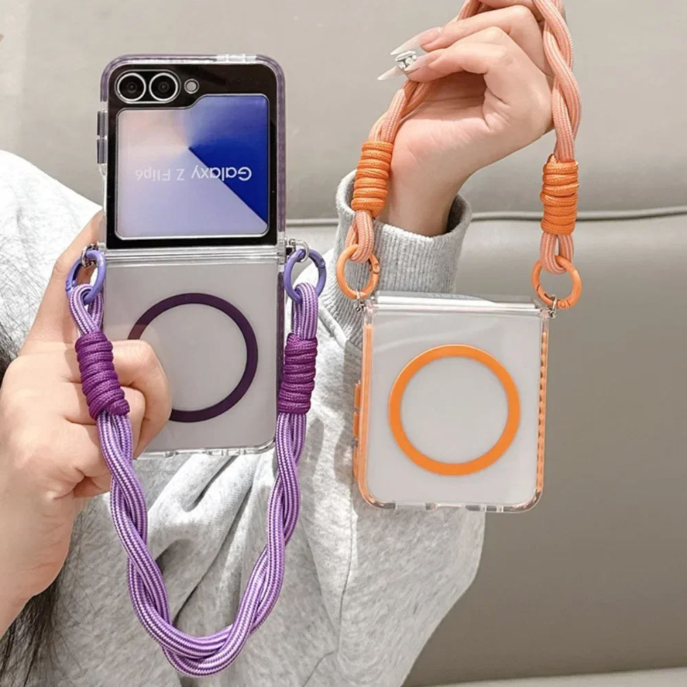 Para magsafe capa de telefone magnética com alça de pulso para samsung galaxy z flip 6 5 4 3 flip6 flip5 flip4 flip3 5g capa transparente