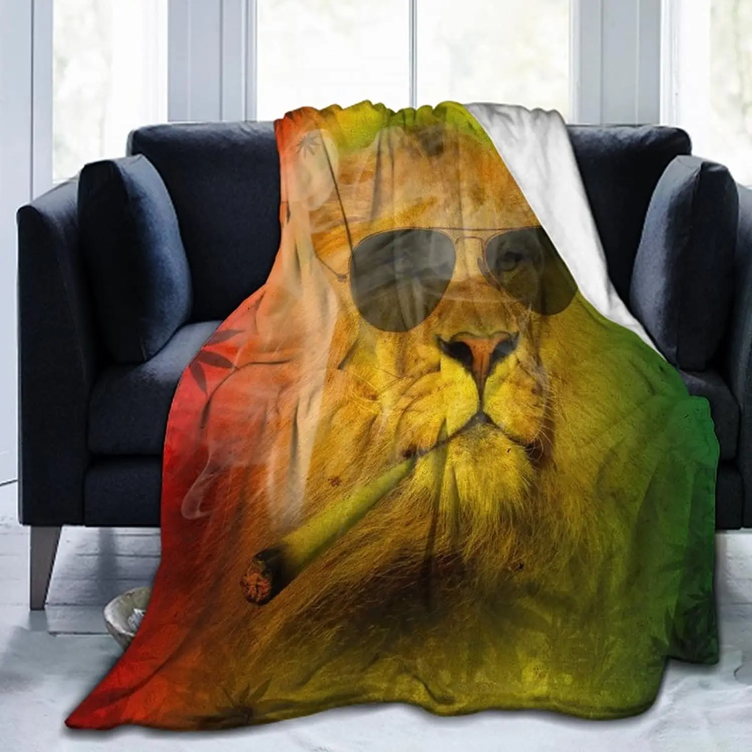 Premium Super Soft Warm Flannel Blanket Elegant Cozy Wearable Throw Wrap for Sofa Couch Lounging - Rasta Lion Judah with