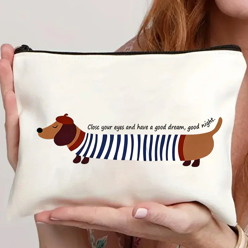 Striped Dachshund Good Night Quote Canvas Zipper Pouch Cute Cartoon Dog Print Cosmetic Bag for Dog Lovers Travel Toiletry