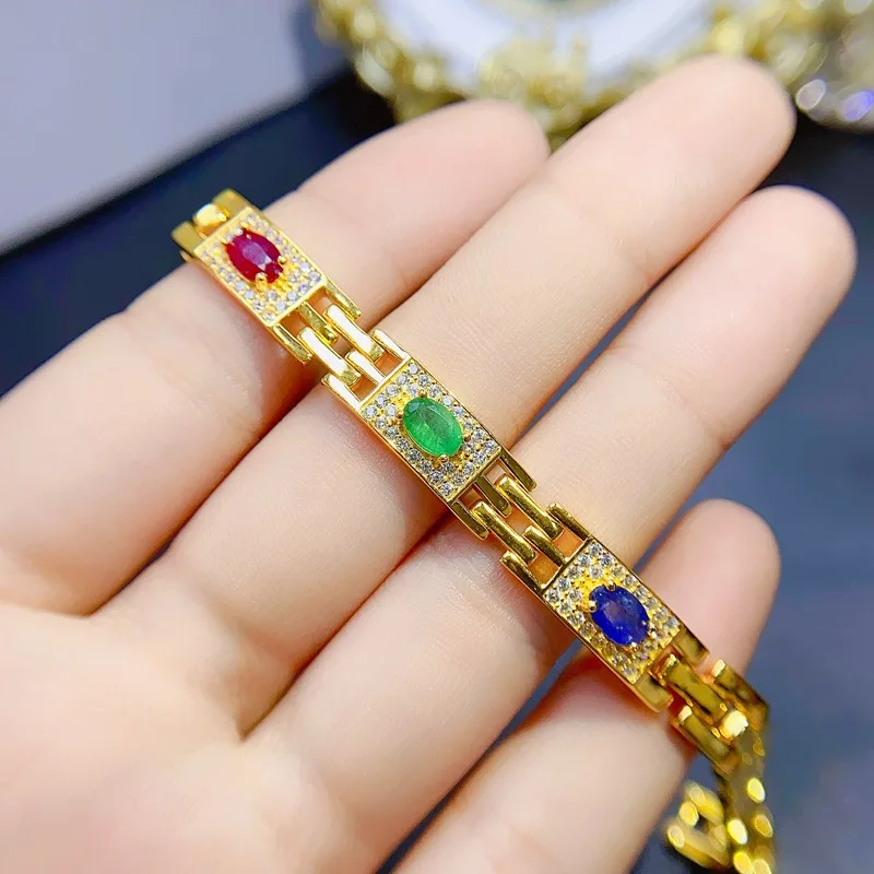 SACE GEMS 925 Sterling Silver Certified 4*6MM Natual Emerald Ruby Sapphire Bracelrts for Women Engagement Party Fine Jewelry