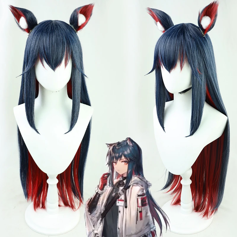 

Game Arknights Texas Cosplay Wig Navy Blue Red Mixed 85cm Long Straight with Ear Synthetic Hair Halloween Party Carnival