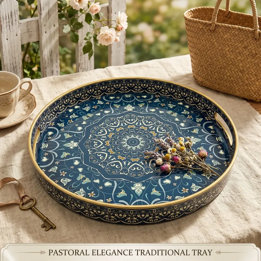 Bohemian Style Round PP Plastic Tray with Handles, Decal Pattern Decorative Serving Tray for Home Decor, Dining Tray