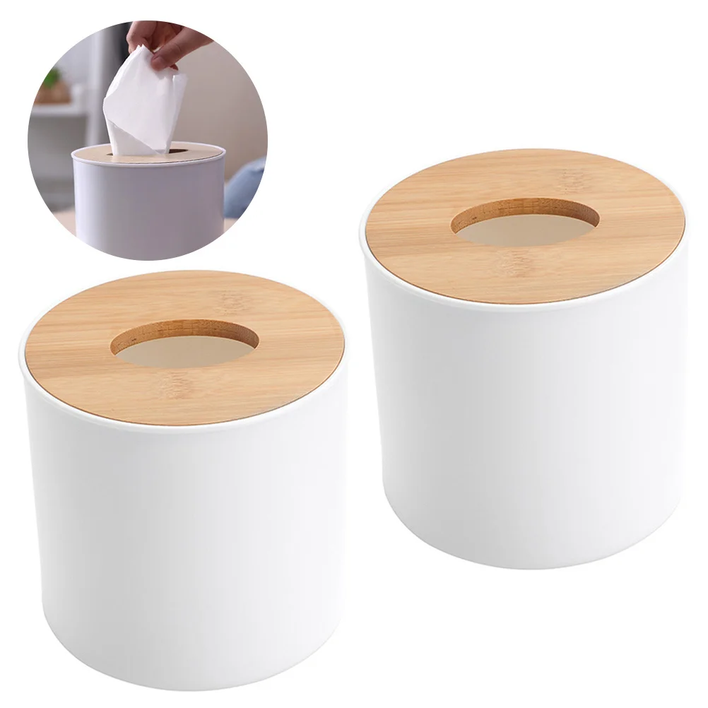 

2Pcs Wooden Lid Tissue Boxes Round Roll Paper Holders Lightweight Napkin Box Practical Tissue Storage for Bathroom Home