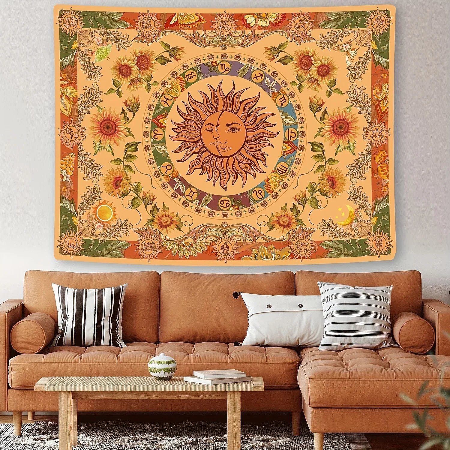VIKAMA Bohemian Sun Zodiac Tapestry Vintage Floral Decor for Home Living Room Sofa Backdrop Wall Art Room Accents