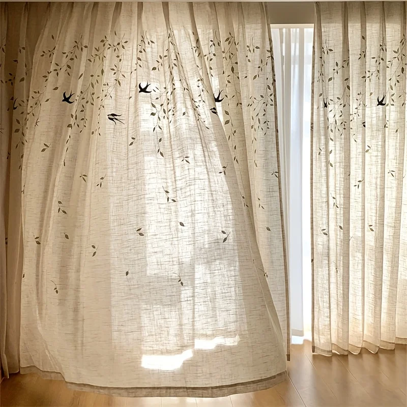 1PC Farmhouse Style Bird Embroidered Sheer Curtain, Multi-Function Hook Top, High-Quality Insulated, Washable, for Living Room,