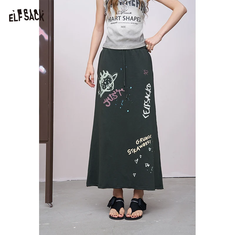 ELFSACK 2025 Autumn New Arrival Sweet Cool Casual Drawstring Graffiti Letter Skirt Long Midi Dress for woman