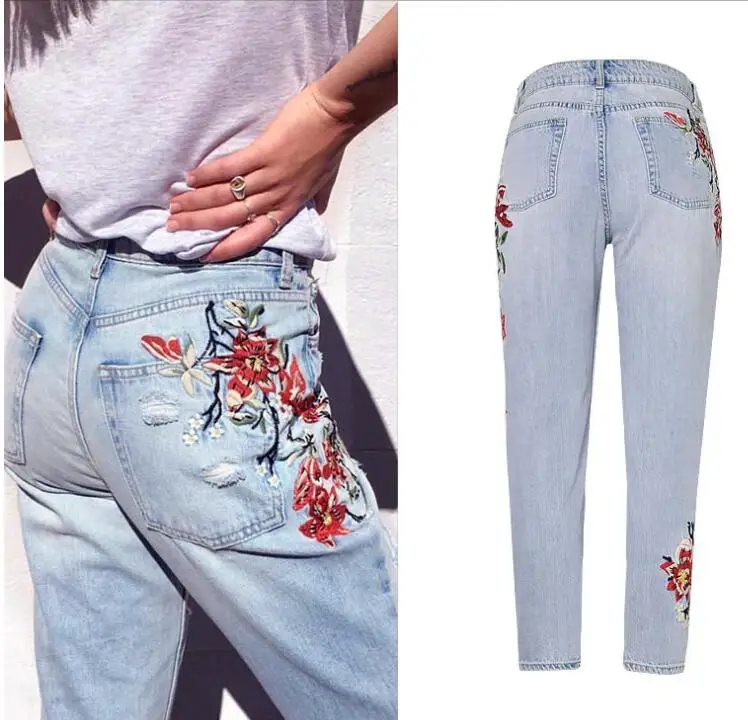 Women High Street Jeans, High Waisted Embroidered Flower Washed Trousers ,Straight Leg pants Irregularly Worn Jeans