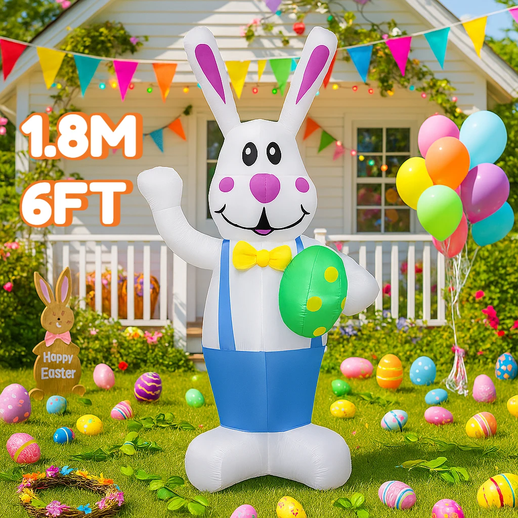 

6FT Happy Easter Inflatable Rabbit Carry An Egg Decor Built-in LED Light Airblown Festive Yard Ornament Holiday Prop Decorations