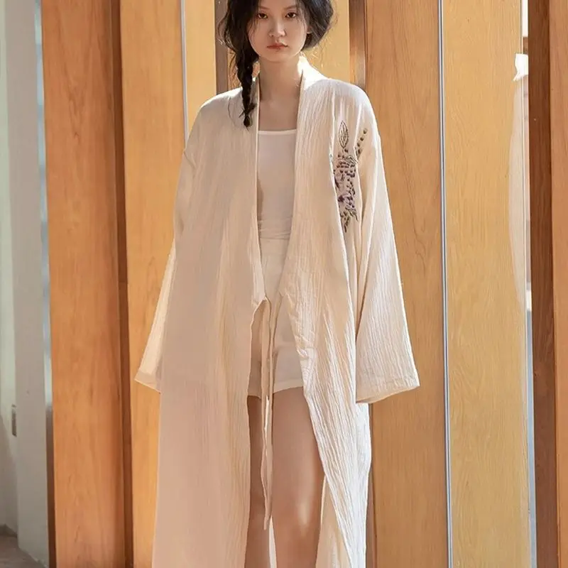 Embroidery Robe for Women V-neck Summer Sleepwear Nightdress Japanese Night Wears One Piece Lace-up Korean Reviews Many Pajama