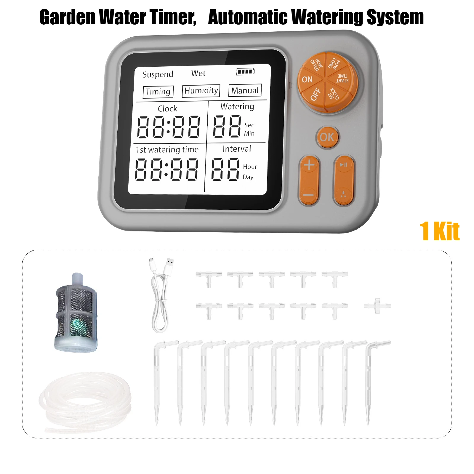 

1 комплект инструмента для орошения сада, автоматическая система полива с таймером воды, 2 режима полива и функцией автоматического обнаружения влажности почвы
