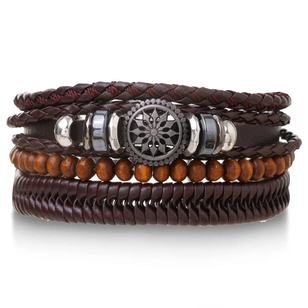 4 stks/set Gevlochten Lederen Wrap Armbanden voor Mannen Vintage Leven Boom Roer Charme Houten Kralen Etnische Tribal Polsbandje Touw Armband