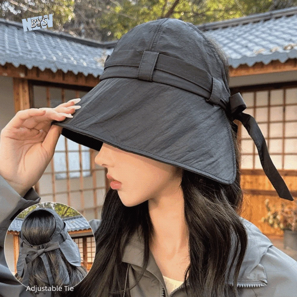 

Lightweight Large-brim Bucket Hat Bow Half-Open Top Sunshade Fisherman Hat Can Tie Hair UV Protection Sun-protection Hat Beach