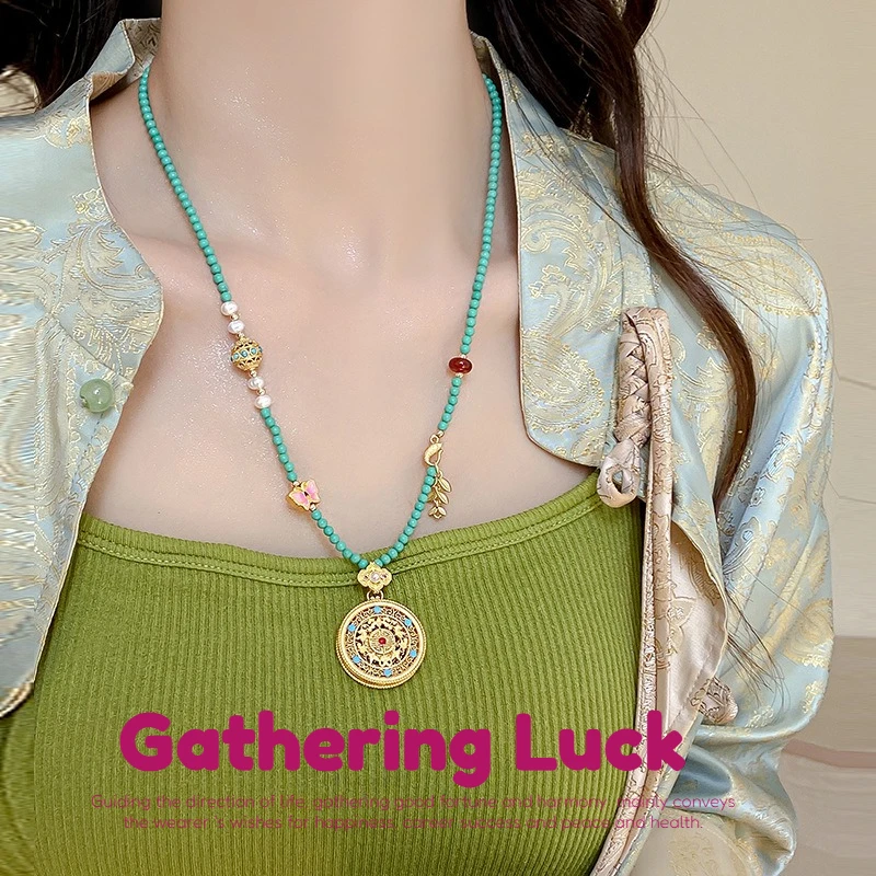 Eight Treasures Compass Pendant Women's Man's Sweater Chain Guide The Direction of Life Meditation Jewelry Turquoise Necklaces