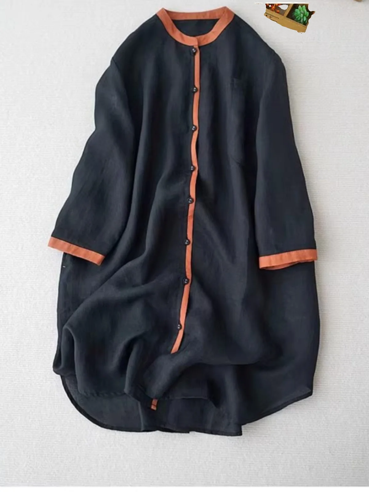 カジュアルなミドル丈のオープンカーディガン、七分袖スタンドカラー、カラーブロ、レディースプラスサイズ、Aライン、ヴィンテージ、通勤、風防