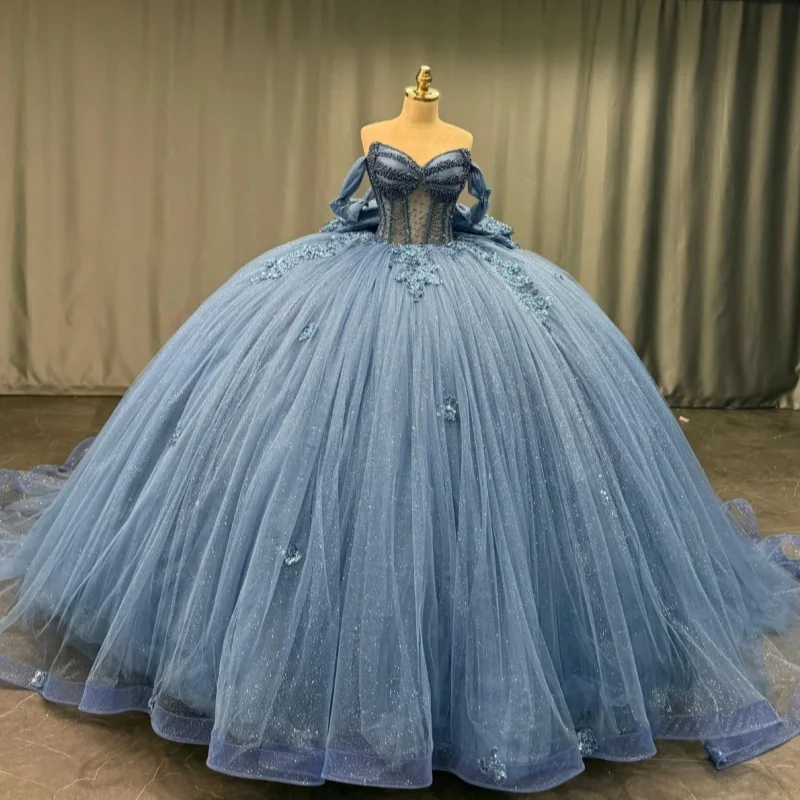 

Shiny Haze Blue Quinceanera Dress crystal glitter Decal Long tail Pearl jewelry Bow Vestidos De 15 Quinceanera ﻿Customize