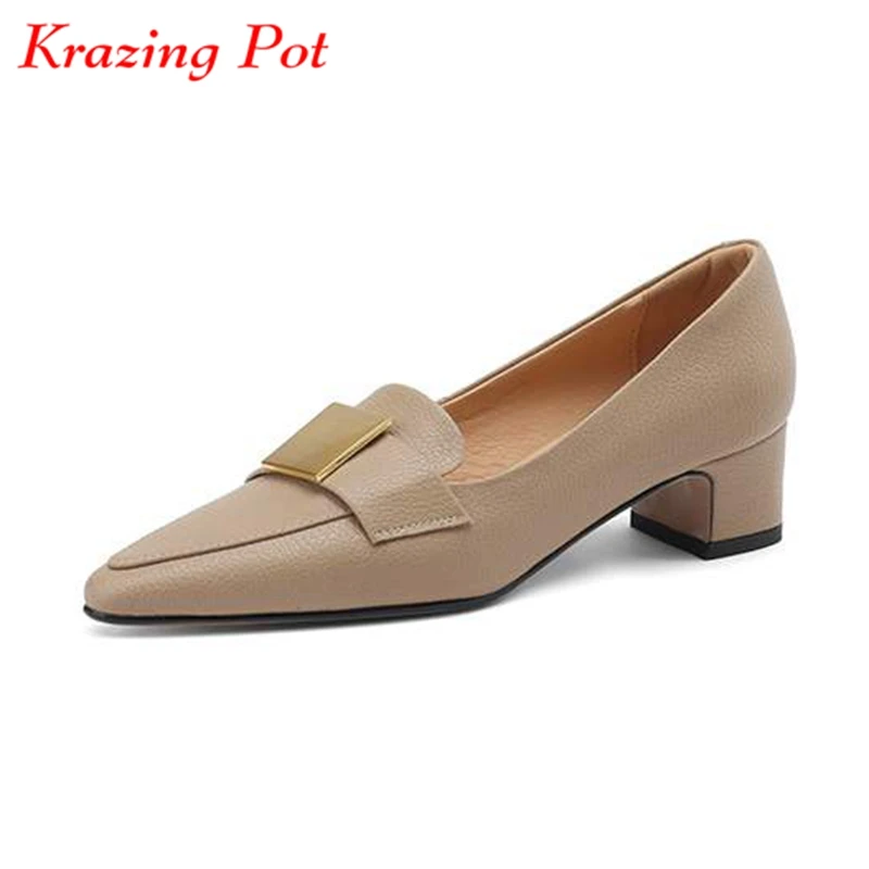 

Krazing Pot Ins Sheepskin Med Heels Spring Brand Shoes Slip In British School Metal Fasteners Vintage Style Gorgeous Women Pumps