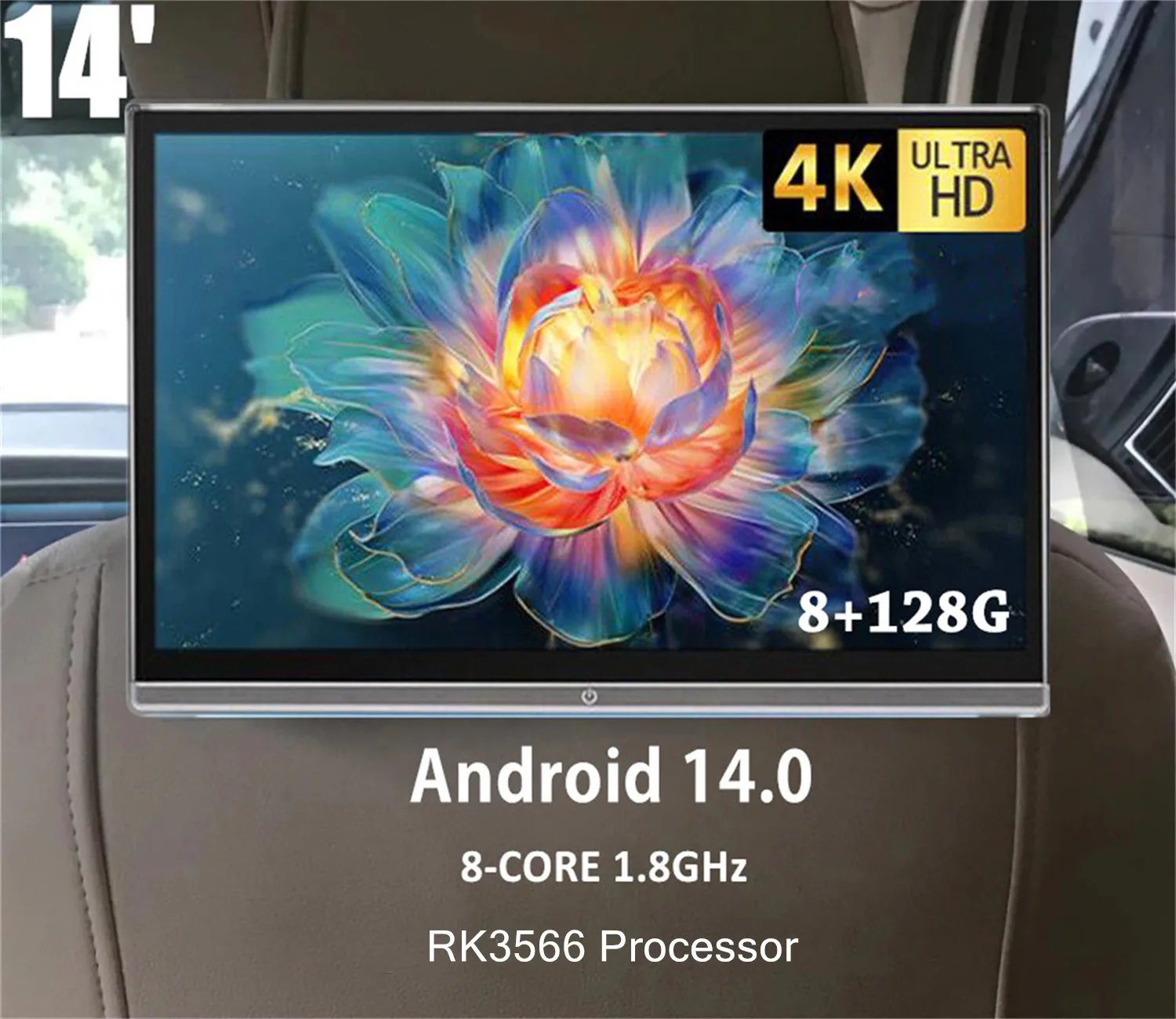 14”Headrest Monitor 4K HD Screens Car TV Android14.0 RK3566 8-Core CPU 8+128GB Video Player 5G WiFi HDMI Rear Seat Entertainment