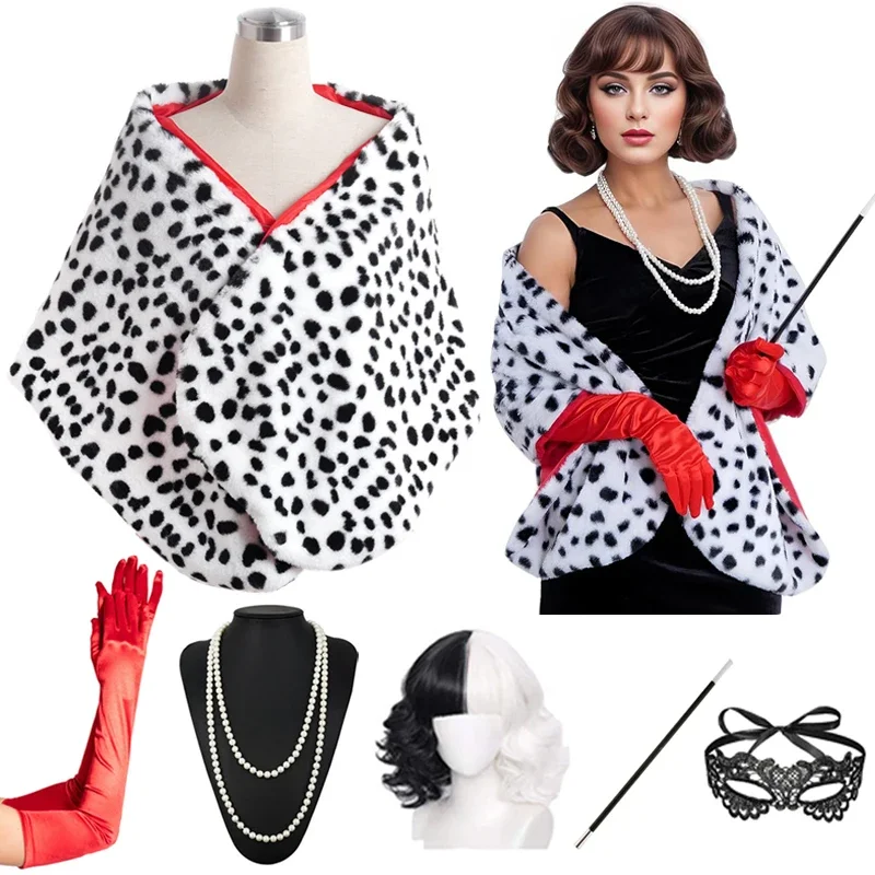 Disfraz de Cruella Deville para mujer, chal con estampado dálmata, bufanda, estola, blanco y negro, traje de Halloween para adultos para niñas