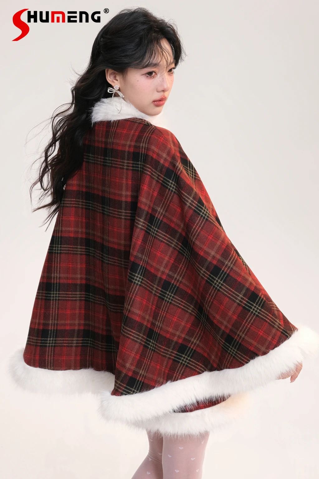 

New Year Christmas Sweet Capes Set Fur Collar Single-Breasted Sleeveless Loose Plaid Thick Warm Cloak Coat Women Winter Jacket