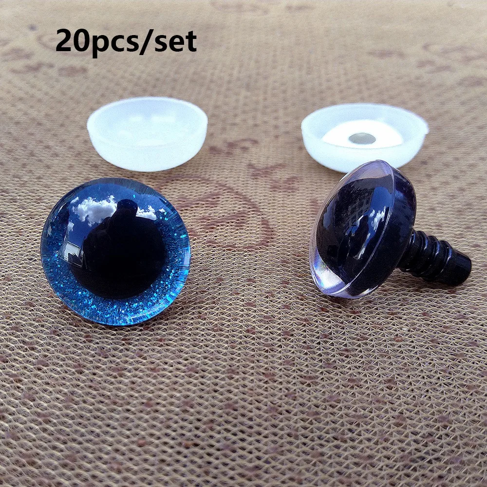 20pcs/set 12mm 3D Sparkling Crystal Cat's Eyes With Flash Pad 8 Colors Safety Glitter Eyes Crafts Parts Plastic Resin