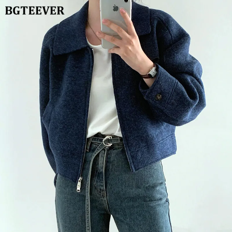 BGTEEVER Vintage Long Sleeve Zipper Up Female Woolen Jackets Autumn Winter Elegant Loose Pockets Women Blend Coats