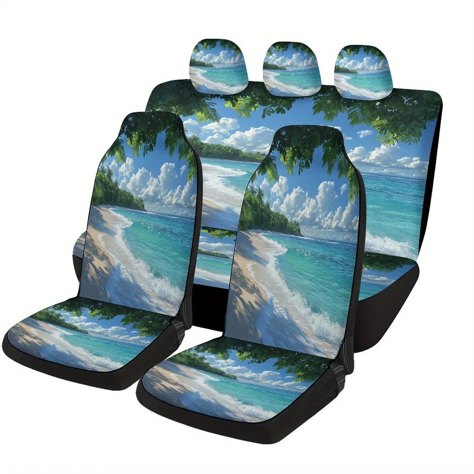 

Tropical Beach Paradise Themed Car Seat Cover Set For Most Cars, Fashionable Novelty Car Seat Protector Covers Full Set, Univers