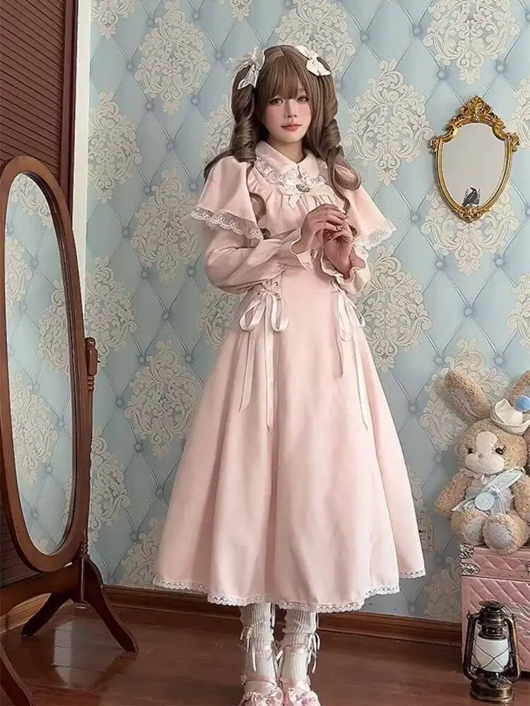 لوليتا Kawaii مقوس دانتيل ضمادة فستان فرنسي أنيق الحلو فستان الأميرة المرأة الخريف الكورية موضة خمر الوردي ميدي فستان #3