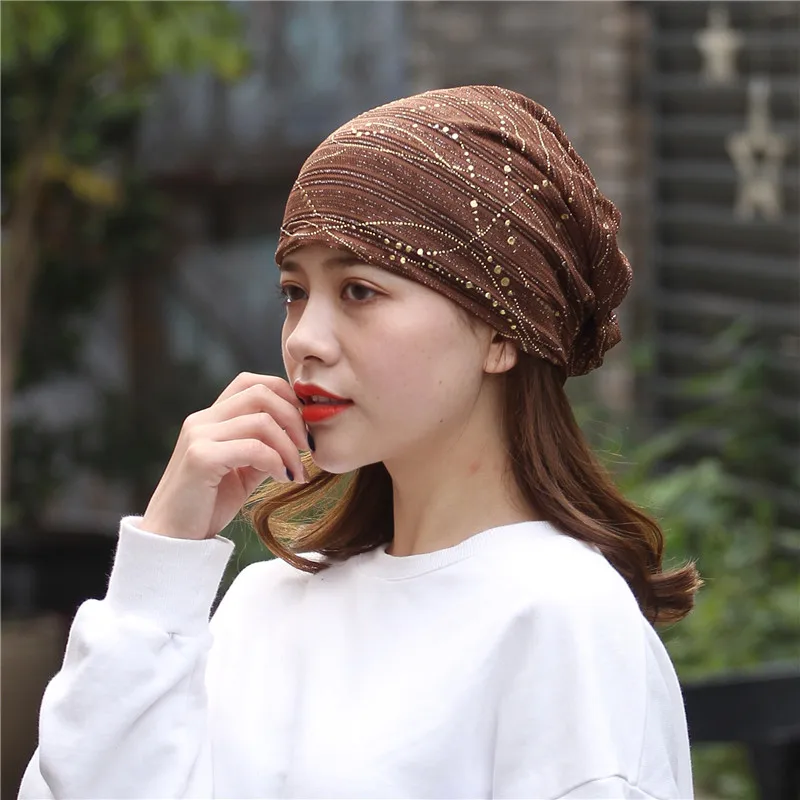 Female Spring Autumn Windproof Warm Confinement Cap Headscarf Women Summer Lace Rhinestone Breathable Sunscreen Sun Hat W54