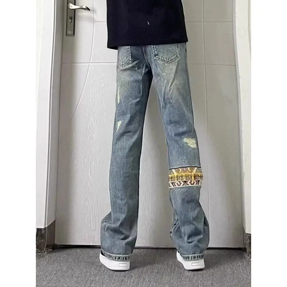 

Модные мужские лоскутные этнические джинсы в стиле ретро, прямые расклешенные брюки в американском стиле ретро, драпированные брюки из смеси хлопка и полиэстера