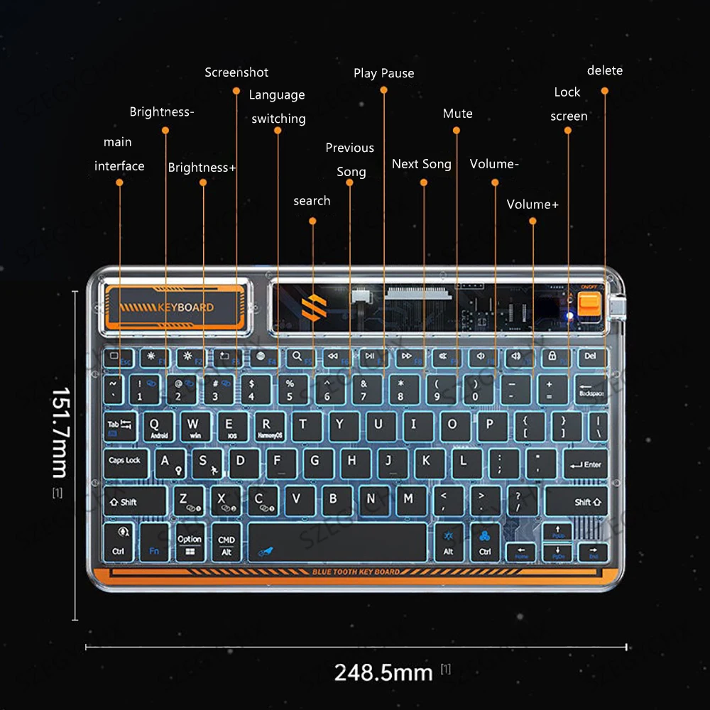 2023 كريستال الخلفية Teclado بلوتوث لوحة المفاتيح لباد أندرويد ويندوز iOS الهاتف اللوحي لوحة المفاتيح اللاسلكية لسامسونج هواوي