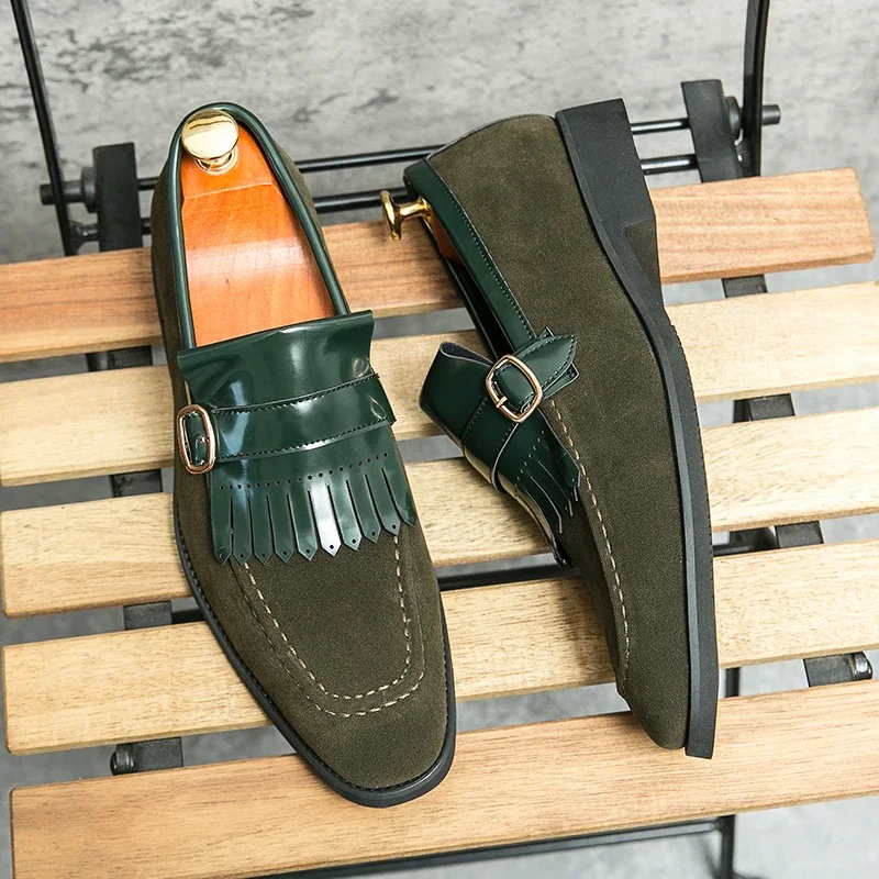 New Green Loafers for Men Tassels Round Toe Flock Slip-On Handmade Mens Formal Shoes Size 38-46