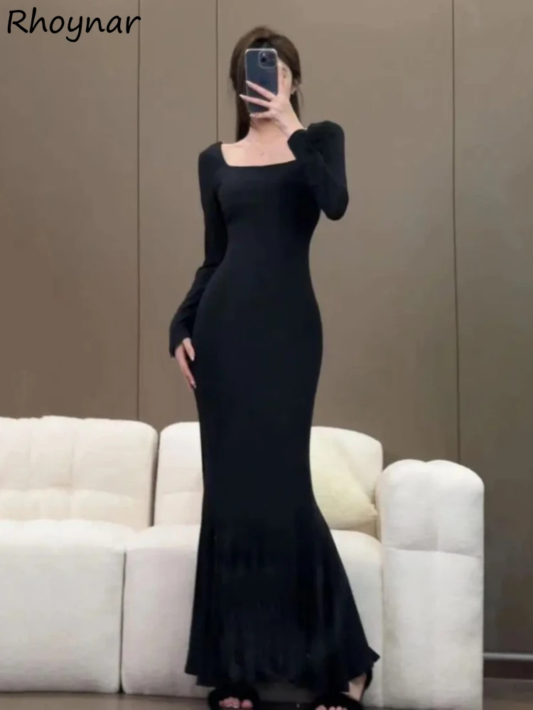 Vestidos longos básicos para mulheres trompete preto puro sexy gracioso outono inverno feminino elegante estilo de escritório mujer fino retro simples