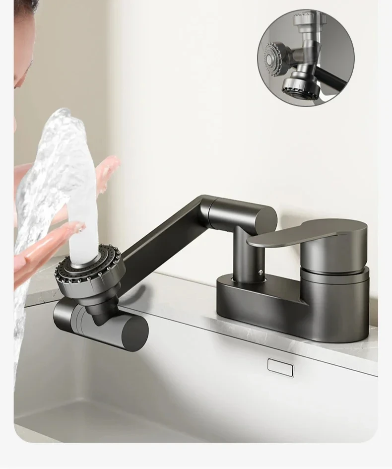Grifo de baño gris pistola، grifo de agua fría y caliente de doble orifcio، lavabo de dos velocidades، valvula mezcladora girat
