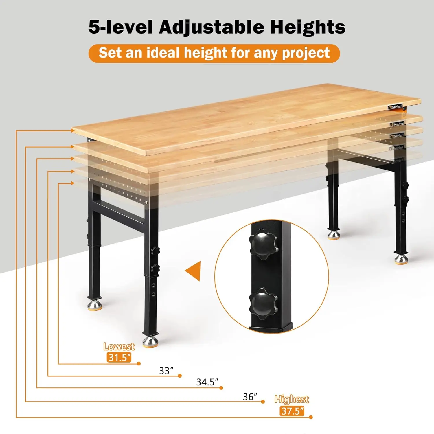 60" Heavy-Duty Adjustable Workbench for Garage, Rubber Wood shop table W/Double Pegboards & Drawer,Hardwood Workstation