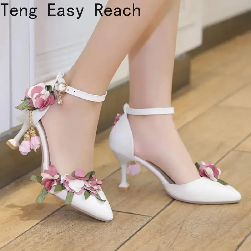 New Style Single Shoes Female Shoes Summer Sandals Flower Pearl Sweet Princess High Heels Lolita Female Shoes