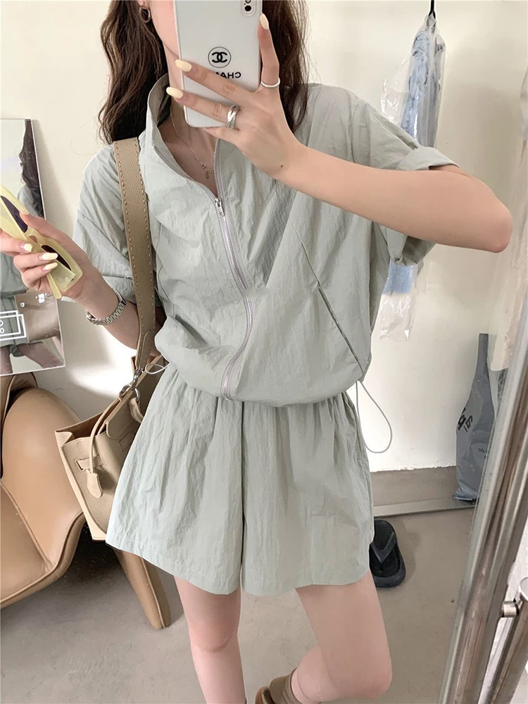 Summer Casual Two Piece Set For Women Loose Jacket Short Sleeve Coat High Waist Short Suit Korean 2 Piece Pant Sets