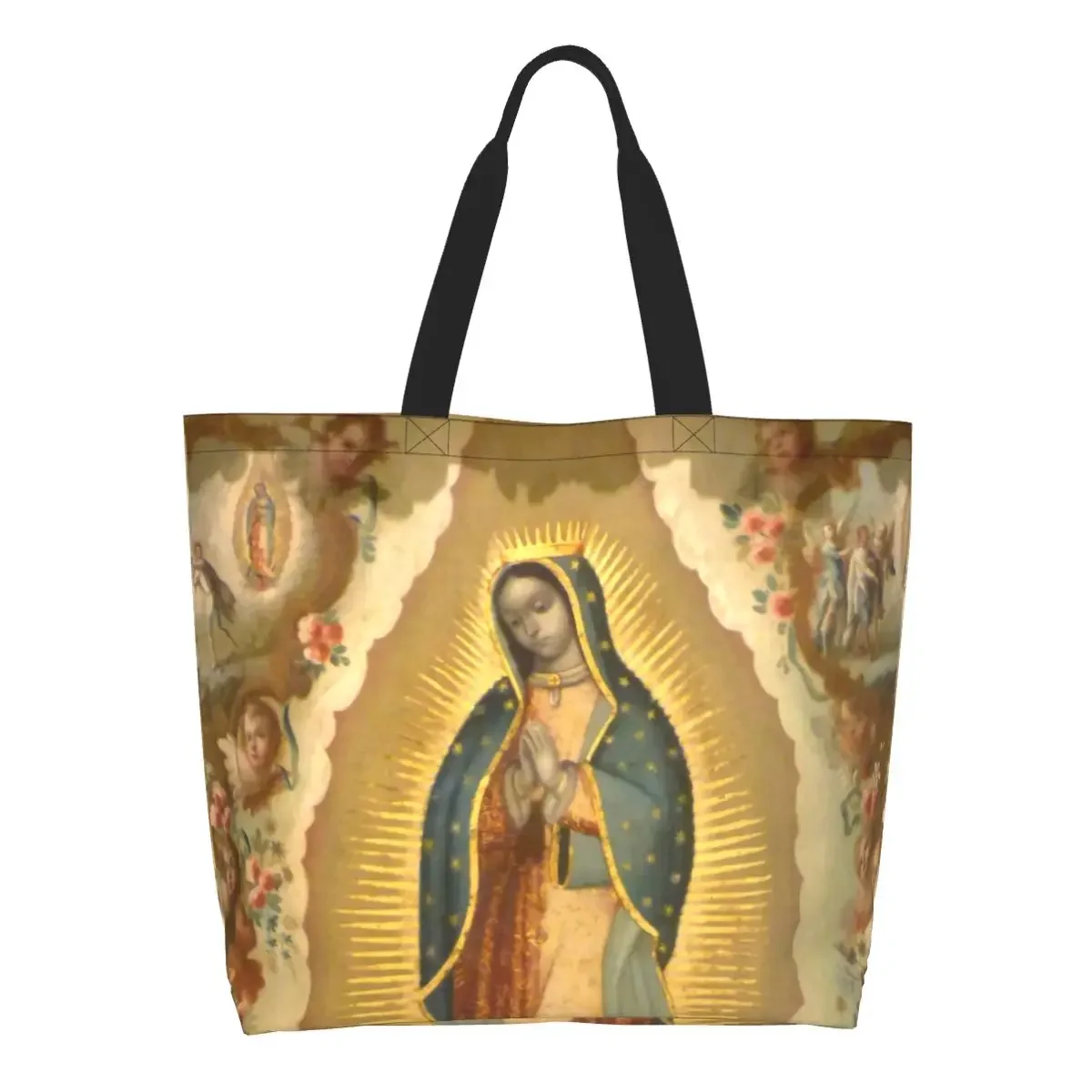 Virgin Of Guadalupe With The Four Apparitions Grocery Shopping Tote Bags Canvas Shoulder Shopper Bags Big Capacity Handbags