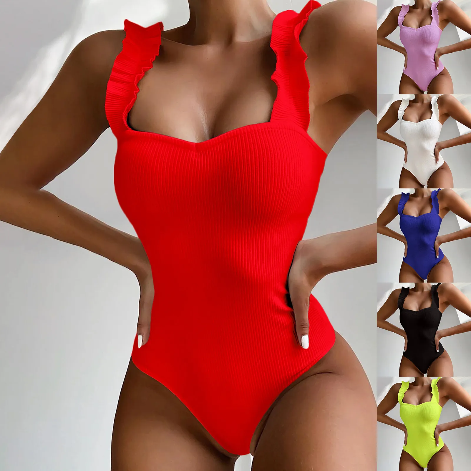 One-piece Women Swimsuit Ruffle Suspender Solid Color Bikini Fashion Summer Beach Wear Swimwear Brazil Bikini 2024 New