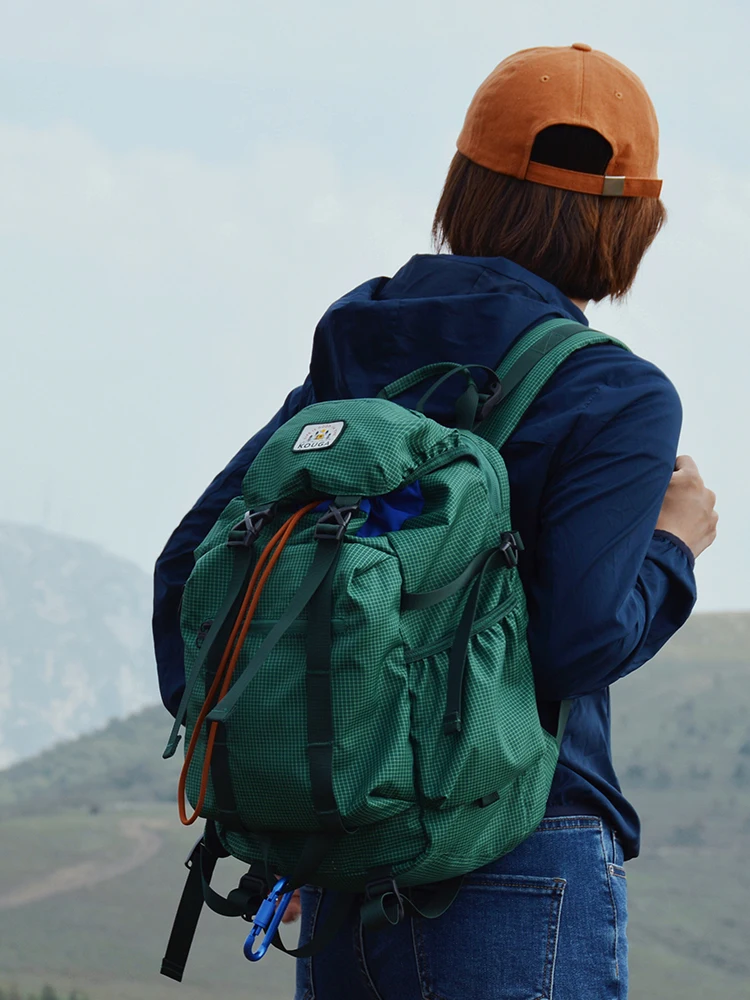 

short trip mountaineering backpack, multi-functional waterproof computer bag, outdoor green drawstring plaid