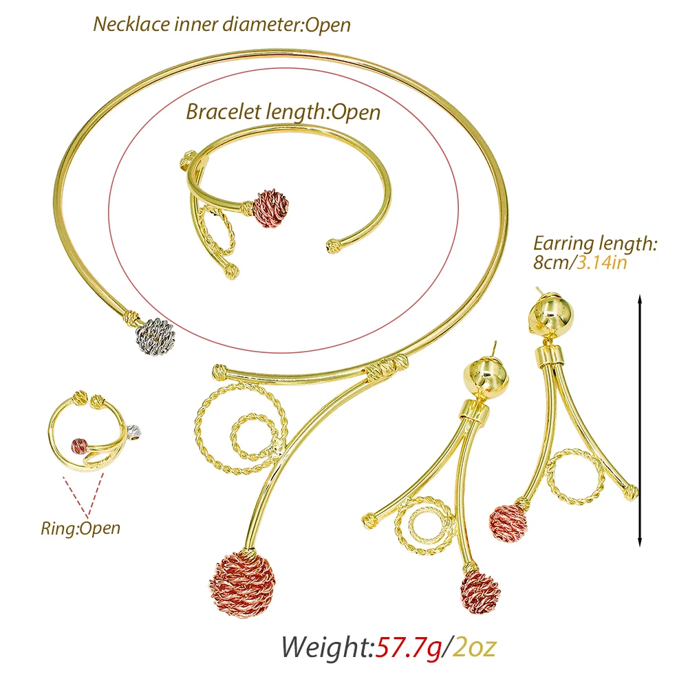GZJPEI 2026 New Statement Tri-color Jewelry Set 18K Gold Plated Twisted Wire Ball Design For Women Dubai Bridal Wedding Jewelry