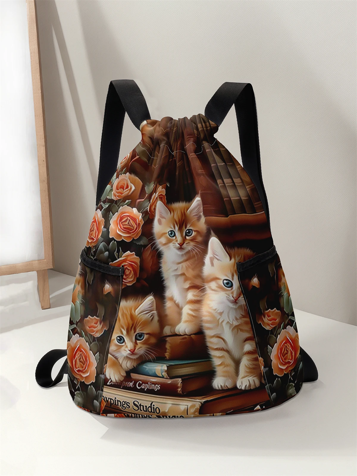 حقيبة ظهر برباط مطبوعة بنمط قطة لطيفة - حقيبة لياقة بدنية متينة ذات سعة كبيرة، حقيبة ظهر رياضية للشاطئ