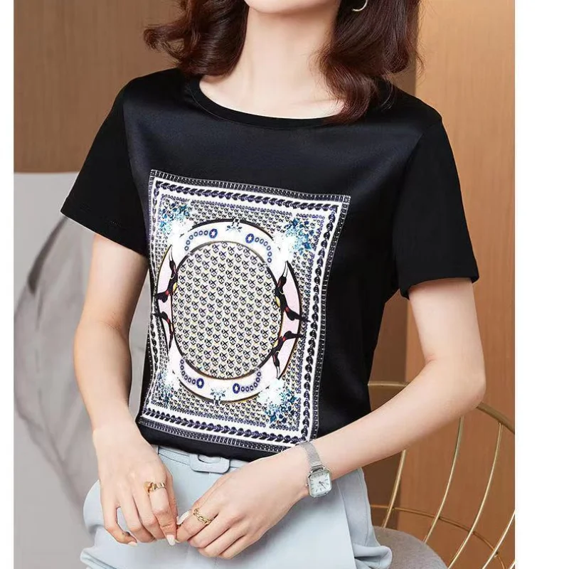 Summer Oversized Women\'s Clothing Fashion Printing Simplicity Round Neck Short Sleeve Commuter Versatile Temperament T-shirt