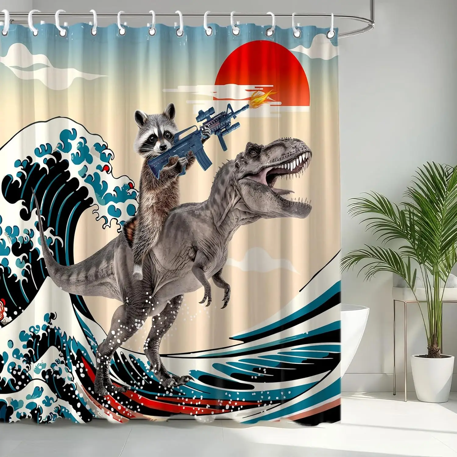 Raccoon Riding Dinosaur Holding Gun Shower Curtain Great Wave Pattern with Red Sun Humorous Animal Design