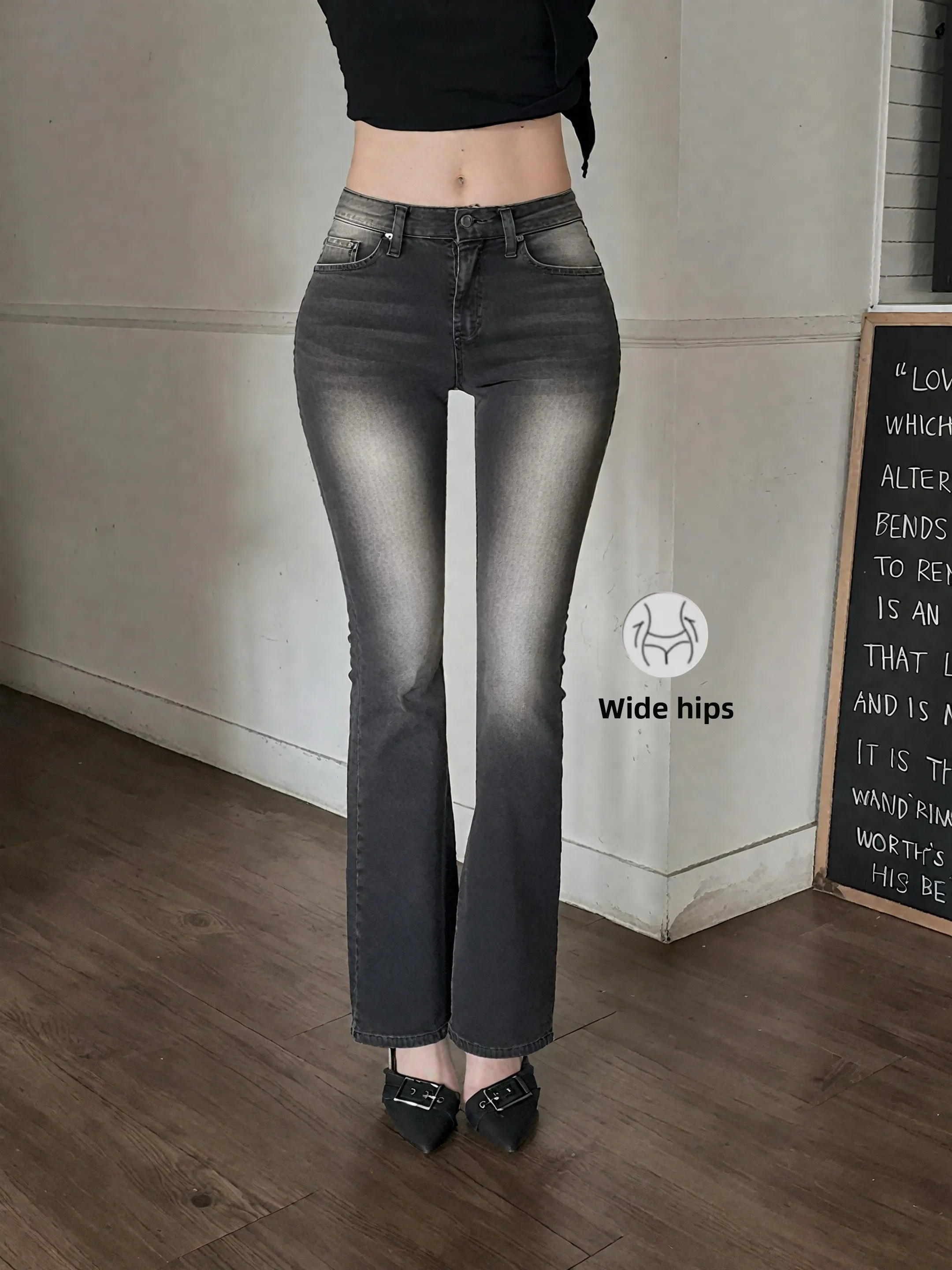 

adual Waed Slim Fit Low Waist Bell Bot Jeans Women's Elastic Stretchy Skinny Jeans Bla ey Denim Pants Long Trousers