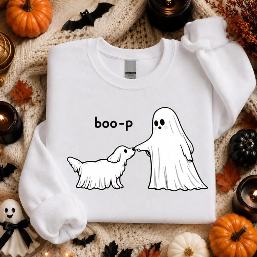Cute Ghost Dog Sweatshirt Boo-P Halloween Crewneck Funny Dog Lover Shirt Spooky Season Dog Mom Pullover Halloween Sweatshirts