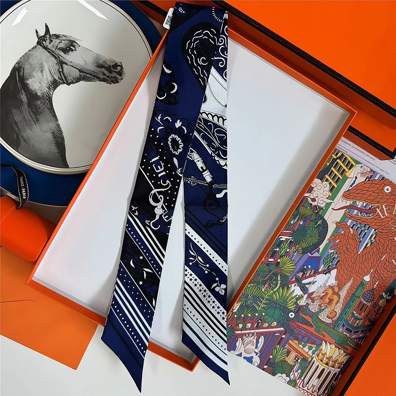 

Design Shawl Ladies Neck Tie Luxury Brand Neckerchief Wrist Wrap 100% Real Silk Square Scarf Women Hair Ribbon Headband Bandana